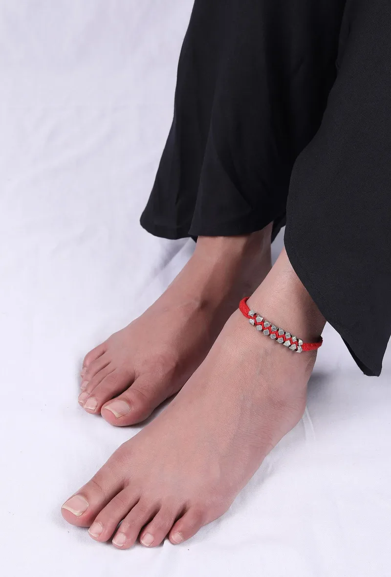Set Of 2: Lavanya Red Thread & Antique Plated Brass Beaded Anklets