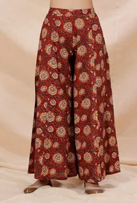 Rust Red Kalamkari Contrast Print Flared Cotton Pants image 1