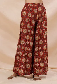 Rust Red Kalamkari Contrast Print Flared Cotton Pants image 2