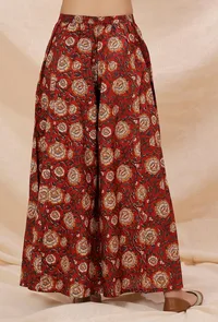 Rust Red Kalamkari Contrast Print Flared Cotton Pants image 3
