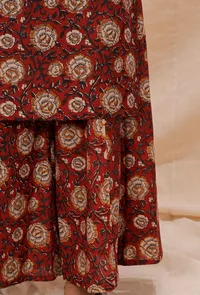 Rust Red Kalamkari Contrast Print Flared Cotton Pants image 4