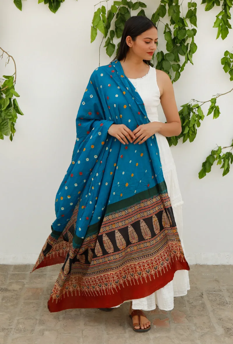 Cobalt Blue Cotton Bandhani Dupatta with Ajrakh border