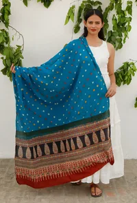 Cobalt Blue Cotton Bandhani Dupatta with Ajrakh border image 2