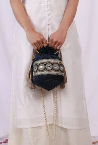 Dark Blue Velvet Tila Embroidery Potli image 1