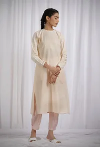 Set Of 2: Yellow Woven Cotton Striped Straight Kurta with Straight Pants image 2