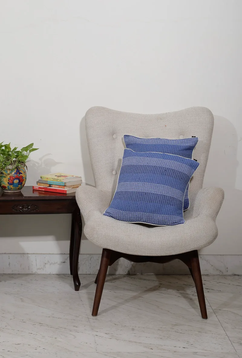 Set of 2: Prussian Blue Handcrafted Jacquard Cushion Covers