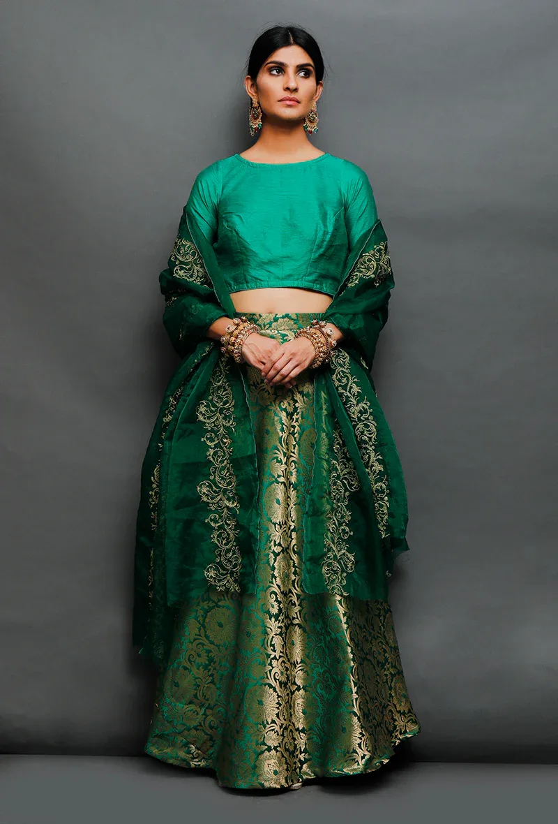 Set Of 3: Green Brocade Lehenga, Dupion Blouse And 100% Pure Silk Organza Dupatta With Zari Embroidery