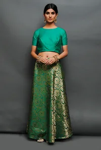 Set Of 3: Green Brocade Lehenga, Dupion Blouse And 100% Pure Silk Organza Dupatta With Zari Embroidery image 2
