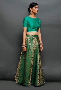 Set Of 3: Green Brocade Lehenga, Dupion Blouse And 100% Pure Silk Organza Dupatta With Zari Embroidery image 3