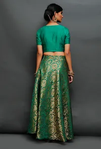 Set Of 3: Green Brocade Lehenga, Dupion Blouse And 100% Pure Silk Organza Dupatta With Zari Embroidery image 4
