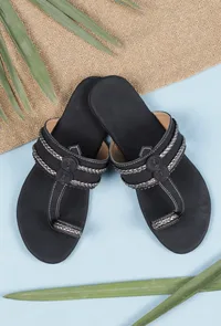 Black Cruelty free Leather inspired Kolhapuri with silver Braidings image 2