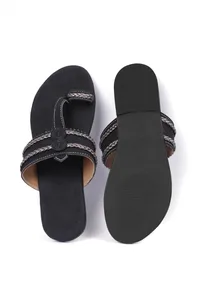 Black Cruelty free Leather inspired Kolhapuri with silver Braidings image 4