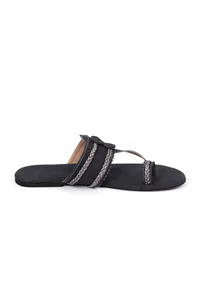 Black Cruelty free Leather inspired Kolhapuri with silver Braidings image 5