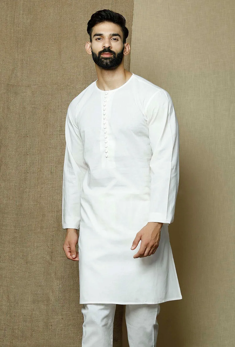 Safed Round Neck  Cotton Kurta