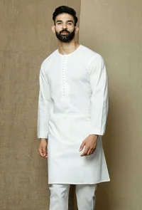Safed Round Neck  Cotton Kurta image 1