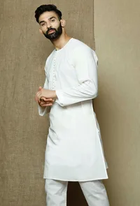 Safed Round Neck  Cotton Kurta image 3