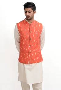 Coral Ikat Nehru Jacket image 1