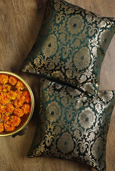 Set Of 2:Emerald Green Brocade Cushion Covers