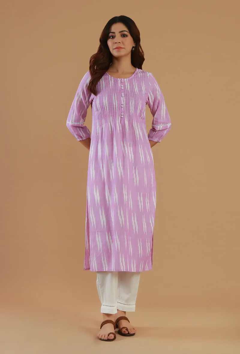 Set of 2: Lavender Ikat Cotton Straight Kurta with White Cotton Pant