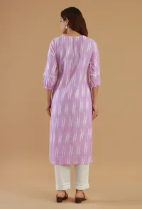 Set of 2: Lavender Ikat Cotton Straight Kurta with White Cotton Pant image 3