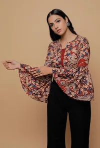 Red Cotton Kalamkari Print Flared Sleeves Blouse image 1