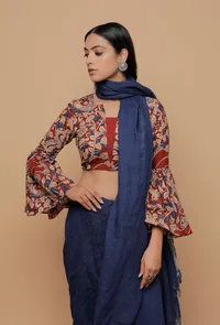 Red Cotton Kalamkari Print Flared Sleeves Blouse image 2