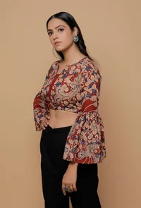 Red Cotton Kalamkari Print Flared Sleeves Blouse image 3