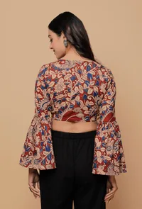 Red Cotton Kalamkari Print Flared Sleeves Blouse image 4
