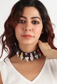 Brown, Multi-Color Thread & German Silver Tribal Choker image 1