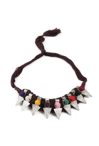 Brown, Multi-Color Thread & German Silver Tribal Choker image 2