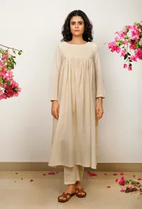 Set of 3: Beige Gathered Flared Cotton Kurta with Beige Kota Dupatta and Beige Cotton straight Pants image 3