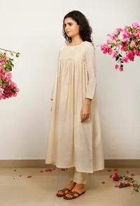 Set of 3: Beige Gathered Flared Cotton Kurta with Beige Kota Dupatta and Beige Cotton straight Pants image 5