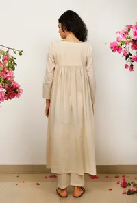 Set of 3: Beige Gathered Flared Cotton Kurta with Beige Kota Dupatta and Beige Cotton straight Pants image 6