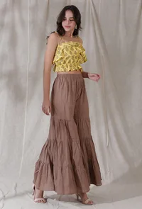 Set of 2- Yellow color cotton blockprinted crop top with cotton layer and tier flared high waist pant image 2