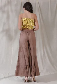 Set of 2- Yellow color cotton blockprinted crop top with cotton layer and tier flared high waist pant image 3