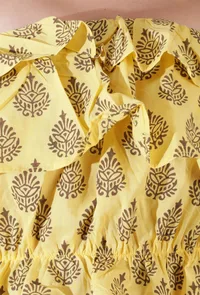 Set of 2- Yellow color cotton blockprinted crop top with cotton layer and tier flared high waist pant image 6