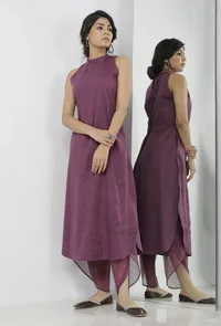 Iya Plain Purple Halter Neck Straight Fit Kota Kurta image 1