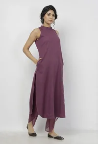 Iya Plain Purple Halter Neck Straight Fit Kota Kurta image 3