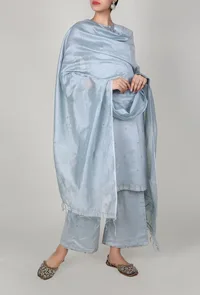 Set of 3 - Pastel Grey Chanderi Kurta And Palazzo Set With Dupatta image 1