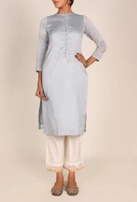 Set of 3 - Pastel Grey Chanderi Kurta And Palazzo Set With Dupatta image 2
