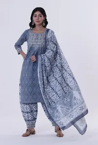 Blue & White Block Printed Cotton Dupatta image 1