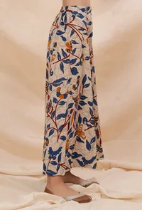 Beige Kalamkari Contrast Print Flared Cotton Pants image 2