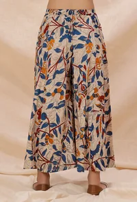Beige Kalamkari Contrast Print Flared Cotton Pants image 3