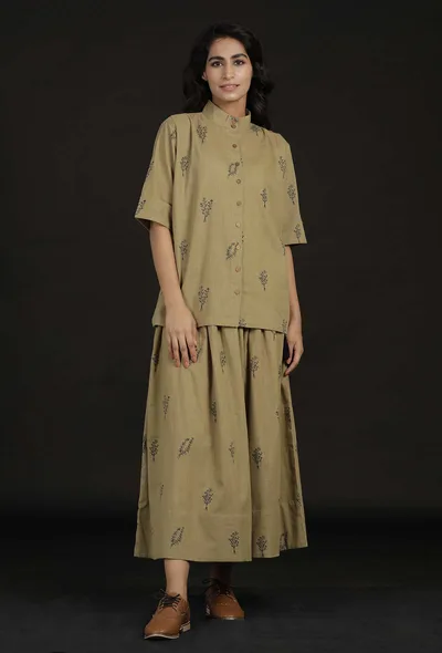 Okra Beige Handblock Floral Shirt