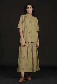 Okra Beige Handblock Floral Shirt image 1