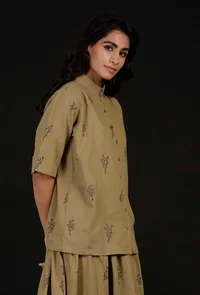 Okra Beige Handblock Floral Shirt image 2