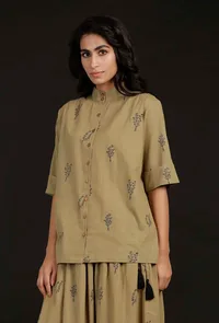 Okra Beige Handblock Floral Shirt image 3