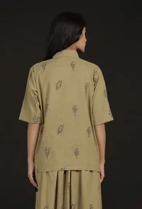 Okra Beige Handblock Floral Shirt image 4