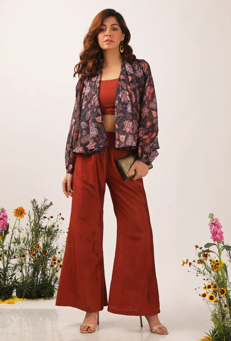 Set Of 3: Zoon Floral Chintz Front Open Shrug With Rust Strappy Blouse & Palazzo Pants