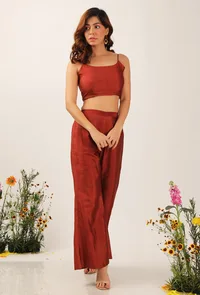 Set Of 3: Zoon Floral Chintz Front Open Shrug With Rust Strappy Blouse & Palazzo Pants image 2